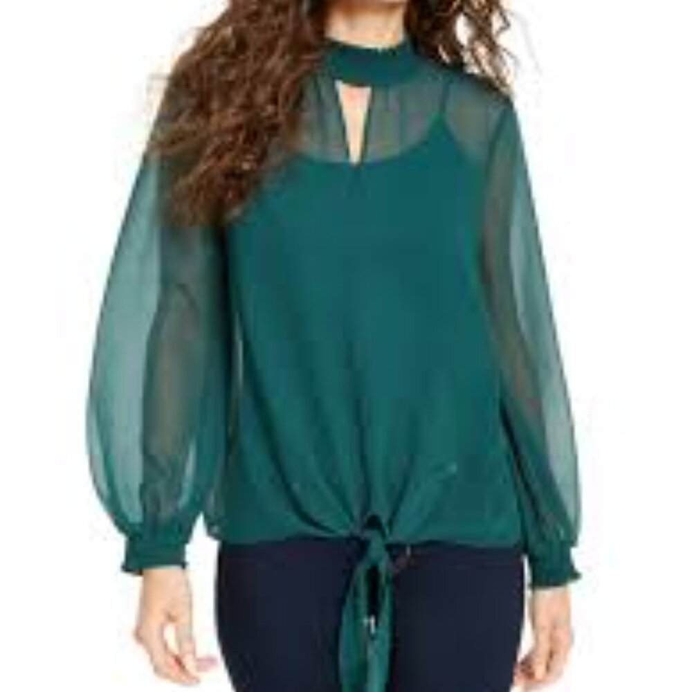 Thalia Sodi Green Semi Sheer Long Sleeve Layered Blouse w Front Knot Size S NWT